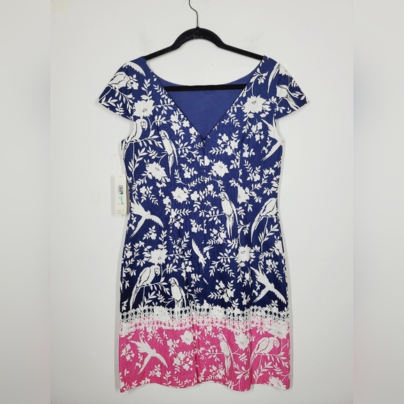 NWT ELIZA J Elegant Blue and Pink Bird Print Dress, Size 8 - Picture 2 of 6